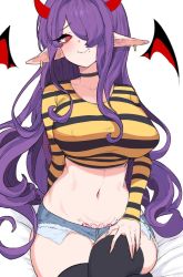 Rule 34 | 1girl, black thighhighs, breasts, commission, crop top, curly hair, demon girl, demon horns, demon wings, denim, denim shorts, ear piercing, hair over one eye, hand on own knee, highres, horns, large breasts, lip piercing, long sleeves, looking at viewer, navel, oh (aung ae), original, piercing, pointy ears, pubic tattoo, purple hair, red eyes, shorts, sitting, smile, solo, spell, symbol, tattoo, thighhighs, torn clothes, white background, wings