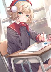 Rule 34 | 1girl, absurdres, ahoge, beret, blonde hair, blunt bangs, blurry, braid, chair, classroom, commentary request, depth of field, desk, eraser, green eyes, grey jacket, grey skirt, hair ornament, hair rings, hand up, haruki (colorful macaron), hat, head rest, highres, holding, holding pen, indie virtual youtuber, indoors, jacket, looking at viewer, notebook, on chair, pen, pinstripe jacket, pinstripe pattern, pinstripe skirt, pom pom (clothes), pom pom hair ornament, red hat, red sailor collar, sailor collar, school chair, school desk, shigure ui (vtuber), shigure ui (vtuber) (1st costume), short hair, sitting, skirt, smile, solo, striped clothes, striped jacket, striped skirt, twitter username, vertical-striped clothes, vertical-striped jacket, vertical-striped skirt, virtual youtuber, window