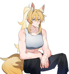 Rule 34 | 1girl, absurdres, alternate costume, animal ears, arknights, bare arms, bare shoulders, black pants, blonde hair, breasts, commentary request, crop top, feet out of frame, highres, large breasts, large tail, long hair, midriff, molu stranger, nearl (arknights), pants, ponytail, sidelocks, simple background, sitting, solo, sports bra, stomach, tail, very long hair, white background, yellow eyes