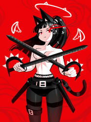 Rule 34 | 1girl, andaerz, animal ears, belt, black hair, black pantyhose, cat ears, dual wielding, hair ornament, hairpin, highres, holding, holding sword, holding weapon, leg belt, original, pantyhose, ponytail, pout, red background, red eyes, sword, tail, weapon