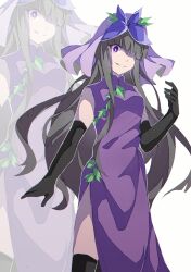 Rule 34 | 1girl, black gloves, black hair, china dress, chinese clothes, dress, elbow gloves, flower, flower on head, gloves, grin, hair over one eye, highres, long hair, multiple views, nymphus, purple dress, purple eyes, purple flower, simple background, smile, touhou, unfinished dream of all living ghost, vine print, white background, yomotsu hisami, zoom layer