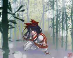 Rule 34 | 1girl, arm support, artist name, black hair, blue eyes, breasts, fingerless gloves, forest, gloves, hair ribbon, legs, long hair, looking at viewer, medium breasts, nakoruru, nature, ribbon, samurai spirits, snk, solo, the king of fighters, thighs, weapon