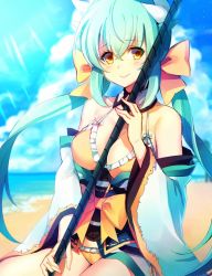 Rule 34 | 1girl, aqua hair, bare shoulders, beach, between breasts, bikini, blush, bow, breasts, cleavage, cloud, cloudy sky, day, fate/grand order, fate (series), hair bow, highres, horns, kiyohime (fate), kiyohime (fate/grand order), kiyohime (swimsuit lancer) (fate), kiyohime (swimsuit lancer) (first ascension) (fate), large breasts, long hair, looking at viewer, ocean, outdoors, ponytail, shibuki kamone, sky, smile, solo, swimsuit, yellow eyes