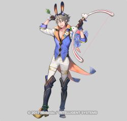Rule 34 | 1boy, animal ears, arrow (projectile), boots, copyright name, fake animal ears, fire emblem, fire emblem heroes, grey hair, holding, holding arrow, holding weapon, inigo (spring) (fire emblem), knee boots, nintendo, official alternate costume, official art, p-nekor, pants, rabbit ears, solo, weapon, white pants