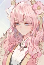 Rule 34 | 1girl, blue eyes, braid, dragon girl, dragon horns, flower, hair flower, hair ornament, horns, japanese clothes, jewelry, kuzuvine, lairei yen, lairei yen (light), long hair, lord of heroes, necklace, pale skin, pink hair, twin braids, white background