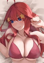 Rule 34 | 1girl, ahoge, amog, averting eyes, bed, bikini, blue eyes, blush, breasts, cleavage, collarbone, embarrassed, go-toubun no hanayome, hair ornament, hands up, highres, large breasts, long hair, looking to the side, lying, nakano itsuki, on back, on bed, red bikini, red hair, revision, solo, star (symbol), star hair ornament, swimsuit, underboob, upper body