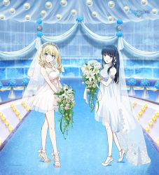 Rule 34 | 2girls, angelina kudou shields, black hair, blonde hair, blue eyes, bouquet, breasts, bridal veil, candle, cleavage, copyright name, dress, drill hair, flower, full body, high heels, holding, holding bouquet, long hair, looking at viewer, mahouka koukou no rettousei, multiple girls, official art, shiba miyuki, smile, standing, toes, veil, wedding dress, white dress