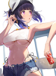 Rule 34 | 1girl, :o, absurdres, adjusting earrings, against railing, arknights, bare shoulders, bikini, bikini under clothes, black hair, blue hair, blunt bangs, blush, breasts, breasts apart, bugegehaibugouse, can, choker, cowboy shot, cutoffs, denim, denim shorts, drink can, earrings, eunectes (arknights), fingernails, from below, gold, highleg, highres, holding, jewelry, large breasts, leaning back, looking away, looking to the side, midriff, multicolored hair, navel, open fly, open mouth, pointy ears, ponytail, purple eyes, railing, short shorts, shorts, side-tie bikini bottom, sideboob, simple background, soda can, solo, swimsuit, tail, tan, tanline, teardrop facial mark, two-tone hair, underwear, underwear only, visor, white background