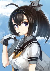 Rule 34 | 1girl, absurdres, ahoge, akizuki (kancolle), black sailor collar, blue sky, brown hair, closed mouth, day, finger to mouth, gloves, hairband, headgear, highres, kantai collection, looking at viewer, luicent, outdoors, ponytail, purple eyes, sailor collar, school uniform, serafuku, shirt, sky, smile, solo, upper body, white shirt