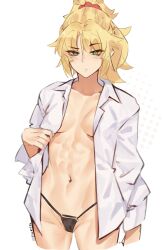 Rule 34 | 1girl, abs, absurdres, blonde hair, breasts, clothes lift, coat, commentary, deccatezu, english commentary, fate/grand order, fate (series), green eyes, hair ornament, hair scrunchie, highres, long hair, mordred (fate), no bra, panties, red scrunchie, scrunchie, small breasts, underwear, white coat