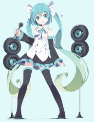 Rule 34 | 00s, 1girl, :o, aqua eyes, aqua hair, bare shoulders, black footwear, black skirt, black thighhighs, blue background, blush, boots, bow, bowtie, detached sleeves, full body, gradient hair, green hair, hair between eyes, hair ribbon, hatsune miku, head tilt, headset, heart, holding, holding microphone, long hair, long sleeves, looking at viewer, matching hair/eyes, microphone, multicolored hair, open mouth, parted lips, pleated skirt, ribbon, skirt, solo, speaker, standing, tantan men (dragon), thigh boots, thighhighs, twintails, very long hair, vocaloid, wide sleeves