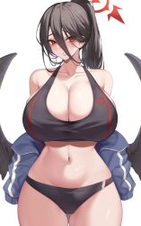 Rule 34 | 1girl, bare shoulders, black hair, black sports bra, black wings, blue archive, blue jacket, breasts, cleavage, collarbone, commentary request, cowboy shot, feathered wings, gluteal fold, hair between eyes, halo, hasumi (blue archive), high ponytail, highres, huge breasts, jacket, kuavera, long hair, long sleeves, looking at viewer, low wings, mole, mole under eye, navel, open clothes, open jacket, parted lips, raised eyebrows, red eyes, skindentation, sleeves past fingers, sleeves past wrists, solo, sports bra, sweat, thighs, track jacket, wings, zipper