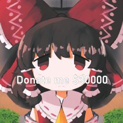 Rule 34 | 1girl, absurdres, ascot, bow, brown hair, closed mouth, collared shirt, commentary, english commentary, english text, frilled bow, frilled hair tubes, frilled shirt collar, frills, frown, hair bow, hair tubes, hakurei reimu, highres, iesonatana, looking at viewer, medium hair, portrait, red bow, red eyes, red shirt, shirt, sleeveless, sleeveless shirt, solo, split mouth, straight-on, touhou, yellow ascot