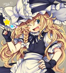 Rule 34 | 1girl, ;d, black gloves, black ribbon, blonde hair, blue eyes, blush, bow, dated, fingerless gloves, gloves, hair bow, hand on own hip, hat, index finger raised, iroyopon, kirisame marisa, looking at viewer, one eye closed, open mouth, ribbon, signature, smile, solo, thick eyebrows, touhou, white bow, witch, witch hat