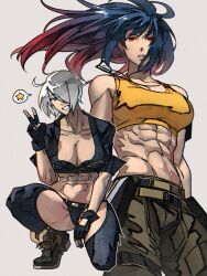 Rule 34 | 2girls, abs, angel (kof), black gloves, blue eyes, blue hair, boots, breasts, cleavage, crop top, cropped jacket, earrings, fingerless gloves, gloves, hair over one eye, highres, jacket, jewelry, large breasts, leather, leather jacket, leona heidern, long hair, looking at viewer, midriff, multiple girls, muscular, navel, panties, ponytail, short hair, smile, syachiiro, tank top, the king of fighters, the king of fighters xv, triangle earrings, underwear, white hair