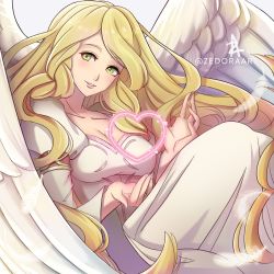 Rule 34 | 1girl, absurdres, blonde hair, breasts, cleavage, collarbone, dress, feathered wings, feathers, fire emblem, fire emblem: path of radiance, floating hair, green eyes, heart, highres, leanne (fire emblem), long dress, long hair, long sleeves, looking at viewer, medium breasts, nintendo, parted lips, smile, solo, swept bangs, twitter username, very long hair, white dress, white feathers, white wings, wings, zedoraart