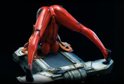 Rule 34 | 1girl, absurdres, artist request, ass, ass focus, black background, bodysuit, brown hair, figure, flexible, hair ornament, highres, huge ass, interface headset, jack-o&#039; challenge, lips, long hair, meme, neon genesis evangelion, photo (medium), plugsuit, red bodysuit, shiny clothes, simple background, solo, souryuu asuka langley, spread legs, stretching, torn clothes, twintails, two side up, very long hair, wide spread legs