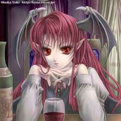 Rule 34 | 1girl, alcohol, bat wings, bottle, demon girl, female focus, gendou pose, own hands clasped, head wings, indoors, koakuma, lowres, own hands together, red eyes, red hair, solo, embodiment of scarlet devil, touhou, upper body, wine, wings, yuki shuuka