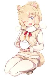 Rule 34 | 10s, 1girl, alpaca ears, alpaca suri (kemono friends), animal ears, blonde hair, commentary request, fur collar, fur trim, hair over one eye, kemono friends, leafwow, long sleeves, looking at viewer, open mouth, pantyhose, shirt, short hair, sidelocks, smile, solo, squatting, tail, teapot, white pantyhose