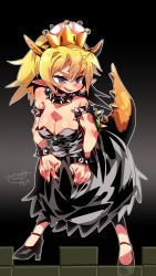 Rule 34 | 1girl, :d, absurdres, armlet, bare shoulders, black collar, black dress, black footwear, black nails, bowsette, bracelet, breasts, cleavage, collar, dress, earrings, fingernails, full body, high heels, highres, horns, jewelry, large breasts, mario (series), nail polish, new super mario bros. u deluxe, nintendo, open mouth, pointy ears, sanzui, sharp teeth, shoes, smile, solo, spiked bracelet, spiked collar, spikes, strapless, strapless dress, super crown, tail, tail raised, teeth, turtle shell