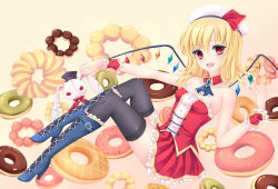 Rule 34 | 1girl, alternate costume, alternate hairstyle, bare shoulders, blonde hair, blush, boots, doughnut, dress, flandre scarlet, food, fred0092, hat, highres, long hair, red eyes, short hair, side ponytail, sitting, smile, solo, stuffed animal, stuffed rabbit, stuffed toy, thighhighs, touhou, wings, wrist cuffs