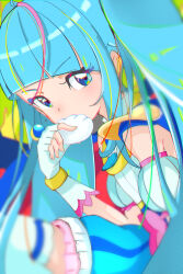 Rule 34 | 1girl, absurdres, blue dress, blue eyes, blue hair, bread, commentary, cure sky, cut bangs, detached sleeves, dress, earclip, earrings, eating, fingerless gloves, food, frilled dress, frills, from side, gloves, highres, hirogaru sky! precure, holding, holding food, jewelry, long hair, looking at viewer, magical girl, multicolored hair, noe graphics, pink hair, precure, puffy detached sleeves, puffy sleeves, short dress, single earring, sitting, sleeveless, sleeveless dress, solo, sora harewataru, streaked hair, thighhighs, twintails, two-tone hair, very long hair, white gloves, white thighhighs