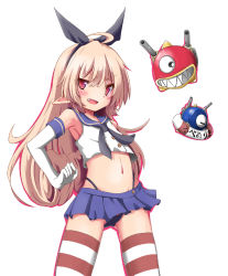 Rule 34 | 1girl, bare shoulders, blonde hair, blush, breasts, commentary request, cosplay, crossover, fang, highres, hinomoto (hinomoto2), kantai collection, long hair, looking at viewer, marivel armitage, midriff, navel, open mouth, pointy ears, red eyes, shimakaze (kancolle), shimakaze (kancolle) (cosplay), small breasts, smile, solo, standing, striped clothes, striped thighhighs, thighhighs, thong, vampire, wild arms, wild arms 2