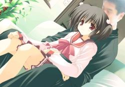 Rule 34 | 00s, 1boy, 1girl, ahoge, bow, bowtie, brown hair, couch, door, dutch angle, hetero, hug, indoors, long sleeves, on couch, on lap, plant, potted plant, red eyes, red skirt, school uniform, serafuku, short hair, sitting, skirt, third-party edit, to heart (series), to heart 2, two side up, yuzuhara konomi
