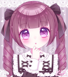 Rule 34 | 1girl, :o, black bow, black dress, blush, bow, brown hair, commentary request, dress, hair bow, hand up, heart, heart in eye, highres, himetsuki luna, long hair, long sleeves, looking at viewer, original, parted lips, puffy long sleeves, puffy sleeves, purple eyes, ringlets, signature, sleeves past wrists, solo, striped, striped background, symbol in eye, twintails, twitter username, vertical stripes