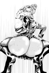Rule 34 | 10s, 1girl, absurdres, ass, ass shake, boots, breasts, glasses, greyscale, high heels, highres, huge ass, huge breasts, long hair, masayuki, monochrome, parted lips, prison school, shiraki meiko, simple background, skirt, solo, squatting, sweat, thighhighs, thighs, white background, wide hips