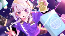 Rule 34 | blunt bangs, breast pocket, bright pupils, brown pants, cevio, grey hair, highres, holding, kafu (cevio), kamitsubaki studio, looking at viewer, low twintails, official art, open mouth, pants, pocket, purple eyes, purple shirt, reaching, reaching towards viewer, shirt, tears, twintails, utsusumi kio, white pupils, wide-eyed