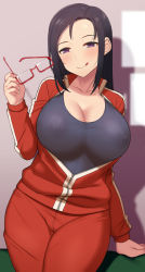 Rule 34 | 1girl, :q, black hair, blush, breasts, cleavage, closed mouth, collarbone, cowboy shot, demi-chan wa kataritai, unworn eyewear, female focus, forehead, glasses, hand up, highres, holding, holding removed eyewear, jacket, large breasts, long hair, long sleeves, looking at viewer, nipples, nt00, open clothes, open jacket, pants, partially unzipped, purple eyes, red-framed eyewear, red jacket, red pants, satou sakie, see-through, semi-rimless eyewear, solo, tongue, tongue out, track jacket, track pants, under-rim eyewear
