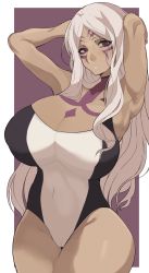 Rule 34 | 1girl, arms behind head, arms up, aversa (fire emblem), breast tattoo, breasts, cleavage, commission, competition swimsuit, covered navel, cropped legs, dark-skinned female, dark skin, facial mark, facial tattoo, female focus, fire emblem, highleg, highleg swimsuit, highres, huge breasts, long hair, nintendo, one-piece swimsuit, outside border, purple background, purple eyes, solo, swimsuit, tattoo, thighs, two-tone swimsuit, white background, yoshiikirablr