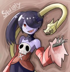 Rule 34 | 1girl, blue hair, blue skin, character name, colored skin, detached collar, detached sleeves, female focus, hair over one eye, highres, hota (oznomahoutukai), leviathan (skullgirls), monster girl, open mouth, parasite, red eyes, skeleton, skullgirls, smile, squigly (skullgirls), stitches, tagme, yellow eyes, zombie