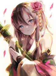 Rule 34 | 1girl, bad id, bad tumblr id, bare shoulders, blue eyes, brown hair, character request, closed mouth, commentary request, cryptract, detached sleeves, flower, hair between eyes, hair flower, hair ornament, hair ribbon, head tilt, highres, holding, holding sheath, japanese clothes, katana, kikka (kicca choco), kimono, long hair, long sleeves, petals, pink flower, pink ribbon, pink rose, ribbon, rose, sheath, sheathed, simple background, sleeveless, sleeveless kimono, sleeves past wrists, smile, solo, sword, upper body, weapon, white background, white kimono, white sleeves, wide sleeves