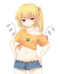 Rule 34 | 1girl, alternate costume, bare shoulders, blonde hair, blush, breasts, casual, collarbone, commentary, contemporary, cowboy shot, crop top, crystal, cutoffs, denim, denim shorts, emoji, flandre scarlet, groin, hair between eyes, hands on own hips, looking at viewer, midriff, miyo (ranthath), navel, no headwear, off-shoulder shirt, off shoulder, one side up, orange shirt, red eyes, shirt, short hair, short shorts, short sleeves, shorts, simple background, small breasts, smile, solo, standing, stomach, t-shirt, thighs, tied shirt, touhou, white background, wings