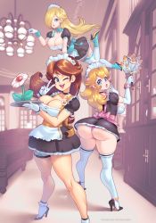Rule 34 | 3d background, 3girls, alternate costume, apron, arm up, artist name, ass, back bow, black choker, black dress, black footwear, black thighhighs, blonde hair, blue bow, blue choker, blue eyes, blue footwear, blue ribbon, blush, bow, breasts, brown background, brown hair, choker, cleavage, closed mouth, collarbone, couch, dress, duster, dusting, elbow gloves, feather duster, female focus, fishnet thighhighs, fishnets, floating, flower, flower hair ornament, frilled apron, frilled dress, frilled gloves, frilled panties, frilled sleeves, frilled socks, frilled thighhighs, frills, from behind, full body, gloves, hair flaps, hair ornament, hair over one eye, hand to own mouth, hand up, hands up, happy, heart, heart choker, heart hair ornament, high heels, highres, holding, holding duster, holding tray, holding wand, huge ass, indoors, knees together feet apart, large breasts, legs, legs apart, light blush, lips, long hair, looking at viewer, looking back, maid, maid apron, maid headdress, mario (series), multiple girls, nintendo, one eye closed, one eye covered, open mouth, orange bow, orange ribbon, panties, pantyshot, parted lips, patreon username, pink bow, pink panties, pink ribbon, pinky out, princess daisy, princess peach, puffy short sleeves, puffy sleeves, ribbon, rosalina, shoes, short dress, short sleeves, sidelocks, single thighhigh, skindentation, smile, socks, standing, star (symbol), star hair ornament, supersatanson, table, teeth, thighhighs, thighs, tray, underwear, upskirt, v, waist apron, wand, watermark, web address, white apron, white flower, white gloves, white socks, white thighhighs, wide hips, window, wink, zettai ryouiki