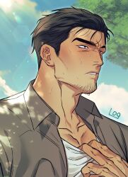 Rule 34 | 109ddong, 1boy, absurdres, bara, black eyes, black hair, blue sky, brown jacket, clothes pull, day, facial hair, goatee, highres, jacket, lens flare, light rays, male focus, mature male, muscular, muscular male, open clothes, open jacket, open mouth, original, outdoors, pectoral cleavage, pectorals, pulled by self, shirt, shirt pull, short hair, sky, solo, sun, sunbeam, sunlight, sweat, tree, upper body, white shirt