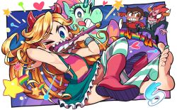 Rule 34 | 2boys, 2girls, barefoot, between toes, biting, blonde hair, blue eyes, boots, bright pupils, colored skin, demon boy, dress, extra eyes, fake horns, feet, fire, fleeing, formal, gashi-gashi, hairband, heart cheeks, holding with feet, hood, hoodie, horns, horse head, long hair, marco diaz, mole, mole under eye, multiple boys, multiple girls, pink hair, pink skin, princess pony head, rainbow, sharp teeth, shoes, shooting star, single shoe, single thighhigh, sleeveless, sleeveless dress, smile, star butterfly, star vs the forces of evil, striped clothes, striped legwear, striped thighhighs, suit, tan, teeth, thighhighs, toes, tom (star vs the fores of evil), unworn boots, unworn shoe, wand, wristband