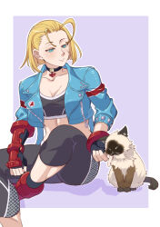 Rule 34 | 1girl, 34 (sanjushi), blonde hair, breasts, cammy white, cat, cleavage, crop top, cropped jacket, fingerless gloves, gloves, highres, jacket, long sleeves, medium breasts, pants, scar, scar on face, short hair, siamese cat, sitting, street fighter, street fighter 6