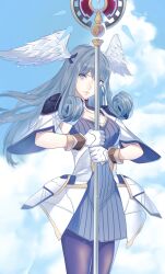 Rule 34 | 1girl, absurdres, black pantyhose, blue eyes, blue sky, breasts, cleavage, closed mouth, cloud, commentary, day, dress, english commentary, feathered wings, gloves, grey dress, grey hair, head wings, highres, holding, holding staff, jacket, long hair, looking at viewer, medium breasts, melia antiqua, outdoors, pantyhose, ribbed dress, short sleeves, sky, solo, staff, standing, very long hair, wanderstillart, white gloves, white jacket, white wings, wings, xenoblade chronicles (series), xenoblade chronicles 1