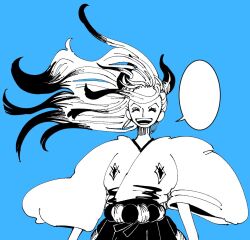 Rule 34 | 1girl, ^ ^, blue background, closed eyes, commentary, cowboy shot, earrings, empty speech bubble, female focus, floating hair, greyscale with colored background, hakama, horns, japanese clothes, jewelry, kimono, long sleeves, multicolored hair, official style, one piece, open mouth, ponytail, rope, shimenawa, sidelocks, simple background, sleeves past elbows, smile, solo, speech bubble, tenteko mm, two-tone hair, upper body, v-shaped eyebrows, wide sleeves, yamato (one piece)