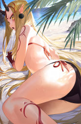 Rule 34 | 1girl, absurdres, ass, back, bare shoulders, beach, bikini, black bikini, blush, breasts, earrings, eyeliner, facial mark, fate/grand order, fate (series), forehead, forehead mark, hair pulled back, halterneck, highres, horns, ibaraki douji (fate), ibaraki douji (fate/grand order), ibaraki douji (swimsuit lancer) (fate), ibaraki douji (swimsuit lancer) (first ascension) (fate), jewelry, long hair, looking at viewer, makeup, oni, oni horns, open mouth, palm leaf, pointy ears, sb lama, shore, side-tie bikini bottom, slit pupils, small breasts, solo, swimsuit, tattoo, thighs, wet, yellow eyes