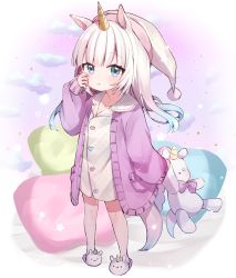Rule 34 | 1girl, absurdres, animal ears, blue eyes, cardigan, chai (7 go 3), child, full body, hand on own face, hat, highres, horns, horse ears, horse girl, horse tail, long hair, no pants, original, pajamas, pink cardigan, pink footwear, pink hat, shirt, single horn, slippers, solo, stuffed animal, stuffed toy, tail, unicorn girl, white hair, white shirt