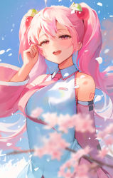Rule 34 | 1girl, arm behind back, bare shoulders, blue sky, blurry, blurry foreground, cherry blossoms, cherry hair ornament, detached sleeves, artistic error, eso (toory), falling petals, floating hair, food-themed hair ornament, hair ornament, twirling hair, half-closed eyes, hatsune miku, highres, long hair, looking at viewer, necktie, open mouth, petals, pink eyes, pink hair, pink necktie, pink skirt, pink sleeves, sakura miku, shirt, shoulder tattoo, skirt, sky, sleeveless, sleeveless shirt, smile, solo, tattoo, twintails, upper body, very long hair, vocaloid, white shirt
