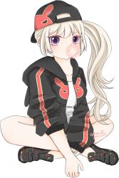 Rule 34 | 1girl, backwards hat, chewing gum, commentary, grasscat030, hat, highres, hood, hoodie, long hair, looking at viewer, maplestory, mole, mole under eye, orchid (maplestory), pout, purple eyes, shirt, side ponytail, silver hair, sitting, solo, transparent background, white background, white shirt