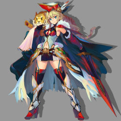 Rule 34 | 1girl, animal, animal on shoulder, armor, blonde hair, blue eyes, cape, cat, faulds, feathers, hat, high heels, highres, navel, peroshi (graphic loops), stomach, sword, weapon