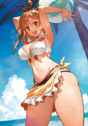 Rule 34 | 1girl, :d, atelier (series), atelier ryza, atelier ryza 3, bikini, blue sky, breasts, brown eyes, brown hair, cloud, cloudy sky, day, highres, lens flare, medium breasts, official art, open mouth, outdoors, palm tree, reisalin stout, sky, smile, solo, swimsuit, thighs, toridamono, tree