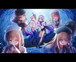 Rule 34 | 1boy, 5others, androgynous, aqua eyes, baker nemo (fate), beret, black shorts, blue dress, blue pantyhose, captain nemo (fate), closed eyes, dress, engineer nemo (fate), fate/grand order, fate (series), finger to mouth, glasses, hat, highres, index fingers raised, marine nemo (fate), multiple others, nemo (fate), nurse nemo (fate), palms together, pantyhose, pinafore dress, professor nemo (fate), shell ocean, shorts, shushing, sleeveless, sleeveless dress, trap, turban, white hair