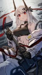 Rule 34 | 1girl, arknights, black choker, black gloves, breasts, choker, commentary request, crop top, gloves, hammer, highres, holding, holding hammer, holding weapon, horns, infection monitor (arknights), kuroi susumu, long hair, long sleeves, looking at viewer, material growth, medium breasts, midriff, mudrock (arknights), mudrock (elite ii) (arknights), navel, oripathy lesion (arknights), partial commentary, pointy ears, red eyes, sarashi, silver hair, solo, sports bra, stomach, weapon